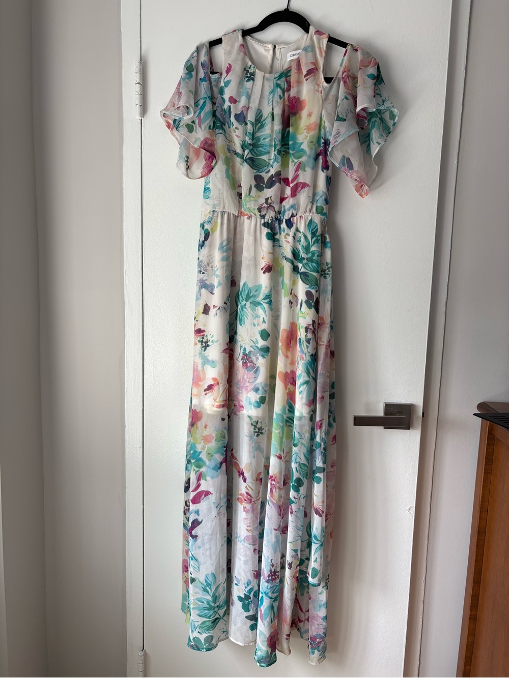 Calvin Klein White Maxi Dress with Teal, Pink & Purple Floral Print